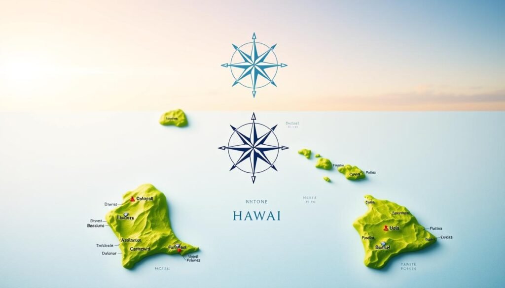 A compact, detailed map of Hawaii, showcasing an artistic and vibrant representation of the islands. The foreground features the Hawaiian Islands, colored in bright greens and blues, with each island labeled and depicted with notable landmarks. In the middle ground, add a stylized compass rose, enhancing the navigational theme of the map. The background shows a soft gradient sky transitioning from a warm sunrise to a calm midday blue, casting gentle lighting over the islands, creating a serene atmosphere. The entire image conveys a sense of adventure and exploration, inviting viewers to appreciate the compact charm and beauty of Hawaii. The composition is viewed from a slightly elevated angle, emphasizing the geographical layout of the islands. No text or embellishments are present.