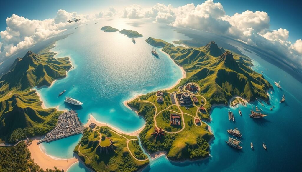 A detailed aerial view of a stylized map of Hawaii, emphasizing optimization for exploration. In the foreground, include vibrant tropical beaches, lush green mountains, and organized pathways reflecting efficient travel routes. In the middle, showcase various themed landmarks inspired by pirate culture, such as hidden treasure coves and ancient ruins, enhancing the adventurous spirit of exploration. The background features a bright azure sky with fluffy white clouds, casting soft sunlight over the landscape, creating a welcoming, adventurous atmosphere. The composition should employ a wide-angle lens effect to capture the vastness of the island terrain, inviting viewers to delve into the map's intricate details and navigate through its visual offerings.