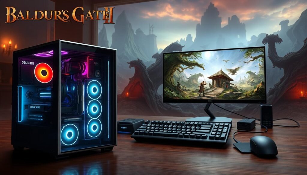 A detailed digital artwork showcasing the system requirements for the latest DLC of Baldur's Gate 3, set against a fantasy-themed backdrop. In the foreground, a sleek gaming PC with glowing components is prominently displayed, showcasing detailed specifications like CPU and GPU models. In the middle ground, a stylized table features various gaming peripherals like a mechanical keyboard and a high-definition monitor, all set to display a captivating scene from Baldur's Gate 3. The background features a mystical landscape inspired by the game, featuring enchanted forests and fantastical creatures, bathed in soft, atmospheric lighting. The overall mood is immersive and energetic, inviting gamers to explore the specifications necessary for the epic adventure ahead. Capture the essence of high-performance gaming in a visually engaging and organized manner. A detailed digital artwork showcasing the system requirements for the latest DLC of Baldur's Gate 3, set against a fantasy-themed backdrop. In the foreground, a sleek gaming PC with glowing components is prominently displayed, showcasing detailed specifications like CPU and GPU models. In the middle ground, a stylized table features various gaming peripherals like a mechanical keyboard and a high-definition monitor, all set to display a captivating scene from Baldur's Gate 3. The background features a mystical landscape inspired by the game, featuring enchanted forests and fantastical creatures, bathed in soft, atmospheric lighting. The overall mood is immersive and energetic, inviting gamers to explore the specifications necessary for the epic adventure ahead. Capture the essence of high-performance gaming in a visually engaging and organized manner.