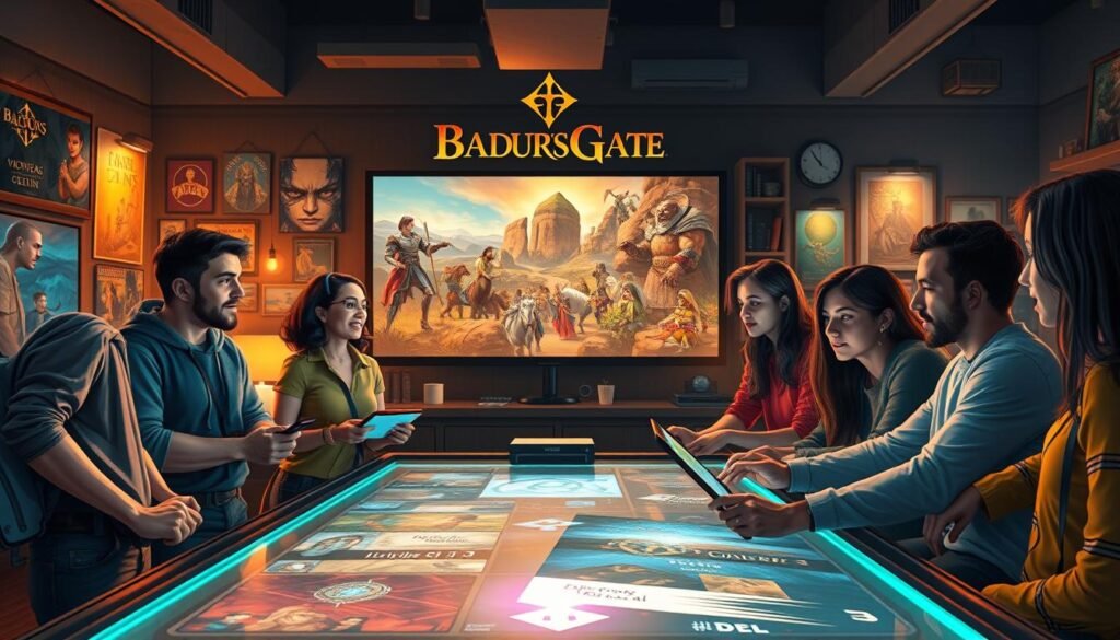 A dynamic digital illustration capturing the essence of a gaming community engaged in a meta game discussion. In the foreground, a diverse group of five gamers, dressed in casual attire, are gathered around a futuristic gaming table with tablets and holographic projections displaying Baldur's Gate 3 quests. Their expressions reflect excitement and collaboration. In the middle ground, a large screen showcases vibrant artwork from the upcoming DLC, featuring iconic characters and epic landscapes. The background features a cozy gaming lounge with posters, ambient lighting, and shelves lined with game memorabilia. The atmosphere is lively and energetic, conveying the sense of camaraderie and anticipation within the community. Use warm lighting to enhance the inviting mood, with a soft focus on the background for depth. A dynamic digital illustration capturing the essence of a gaming community engaged in a meta game discussion. In the foreground, a diverse group of five gamers, dressed in casual attire, are gathered around a futuristic gaming table with tablets and holographic projections displaying Baldur's Gate 3 quests. Their expressions reflect excitement and collaboration. In the middle ground, a large screen showcases vibrant artwork from the upcoming DLC, featuring iconic characters and epic landscapes. The background features a cozy gaming lounge with posters, ambient lighting, and shelves lined with game memorabilia. The atmosphere is lively and energetic, conveying the sense of camaraderie and anticipation within the community. Use warm lighting to enhance the inviting mood, with a soft focus on the background for depth.