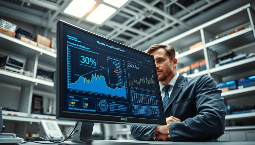 A high-tech laboratory setting showcasing an advanced data analysis display focused on chip efficiency. In the foreground, a sleek computer monitor illustrates intricate graphs and data visuals highlighting a 30% increase in energy efficiency in 2nm chips. The middle ground features an engineer in professional attire, deeply engaged in observing the data, with a thoughtful expression. Further back, shelves filled with semiconductor components and futuristic technology provide context. The lighting is bright and focused on the monitor, while softer ambient light fills the room, creating a modern and analytical atmosphere. The camera angle is slightly angled downward to capture the details of the screen and the engineer's intense focus, promoting a sense of innovation and scientific inquiry.