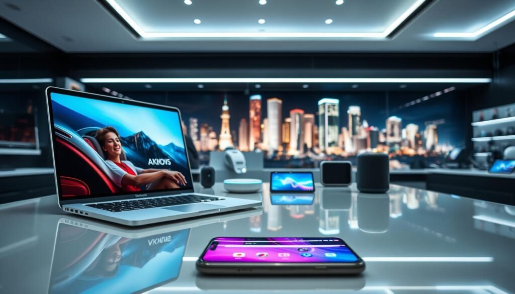 A modern consumer electronics store showcasing the impact of 2nm chip technology on various devices. In the foreground, a sleek laptop and a smartphone with vibrant displays are placed on a glossy surface, reflecting advanced design and efficiency. The middle ground features an array of connected smart home devices, like a smart speaker and a tablet, highlighting their interconnectivity. In the background, a futuristic city skyline is softly illuminated with ambient lighting, symbolizing advancements in artificial intelligence. The overall mood is cutting-edge and innovative, with a clean, professional atmosphere. The scene is captured with a slightly elevated angle, using natural light that enhances the modern feel.
