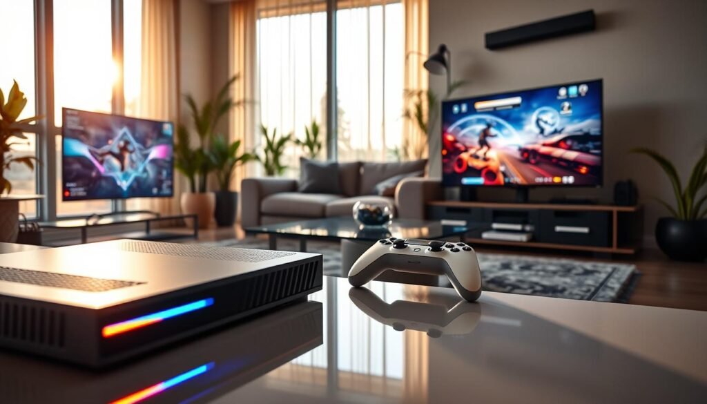 A modern, high-tech living room showcasing the ideal setup for cloud gaming. In the foreground, a sleek gaming console with vibrant LED lights reflecting off a polished surface, alongside a high-resolution gaming monitor displaying a dynamic gaming scene. The middle section features a stylish, comfortable couch with a few gaming controllers, hinting at an inviting atmosphere for multiplayer sessions. In the background, large windows let in soft, natural sunlight, illuminating the room with a warm, inviting glow. A few potted plants add a touch of greenery. The scene captures a mood of excitement and engagement, reflecting a state-of-the-art cloud gaming experience, with a focus on technology and comfort.