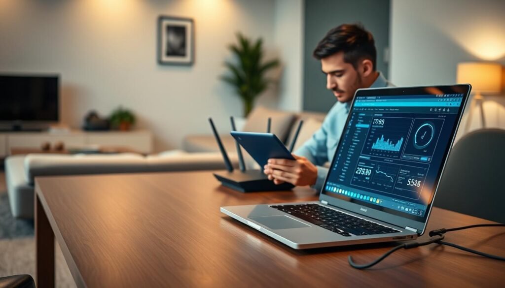 A modern home office setup focused on optimizing home network for reduced latency. In the foreground, a sleek desk features a high-end gaming laptop displaying network optimization software, with an Ethernet cable prominently connected. To the side, a professional individual, dressed in smart casual attire, examines a tablet showing network metrics. In the middle, a router with multiple antennas emits a soft blue glow, symbolizing strong connectivity. The background showcases a cozy living room with minimal decor, emphasizing the comfort of home while subtly reflecting advanced technology. Soft ambient lighting creates a calm atmosphere, while a shallow depth of field blurs the background, drawing attention to the desk setup. The overall mood conveys efficiency and modernity in network optimization.