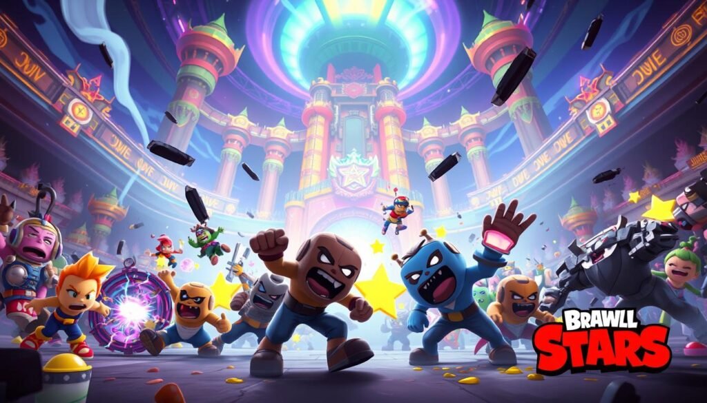 A vibrant and dynamic scene showcasing a chaotic brawl reminiscent of the "Chaos Drop" challenge in Brawl Stars. In the foreground, a diverse group of stylized brawlers with distinct designs, engaging in intense combat, exhibit dynamic poses and exaggerated expressions of excitement. The middle ground features colorful power-ups and obstacles, adding to the frenzied atmosphere. The background reveals a vividly designed arena with towering structures and swirling energy, illuminated by dramatic, contrasting lighting to create a sense of urgency and action. The scene captures the thrill and chaos of a legendary brawl, with a lively color palette that enhances the energy of the moment. The composition is captured from a low angle to emphasize the brawlers' activity and the vastness of the arena. A vibrant and dynamic scene showcasing a chaotic brawl reminiscent of the "Chaos Drop" challenge in Brawl Stars. In the foreground, a diverse group of stylized brawlers with distinct designs, engaging in intense combat, exhibit dynamic poses and exaggerated expressions of excitement. The middle ground features colorful power-ups and obstacles, adding to the frenzied atmosphere. The background reveals a vividly designed arena with towering structures and swirling energy, illuminated by dramatic, contrasting lighting to create a sense of urgency and action. The scene captures the thrill and chaos of a legendary brawl, with a lively color palette that enhances the energy of the moment. The composition is captured from a low angle to emphasize the brawlers' activity and the vastness of the arena.