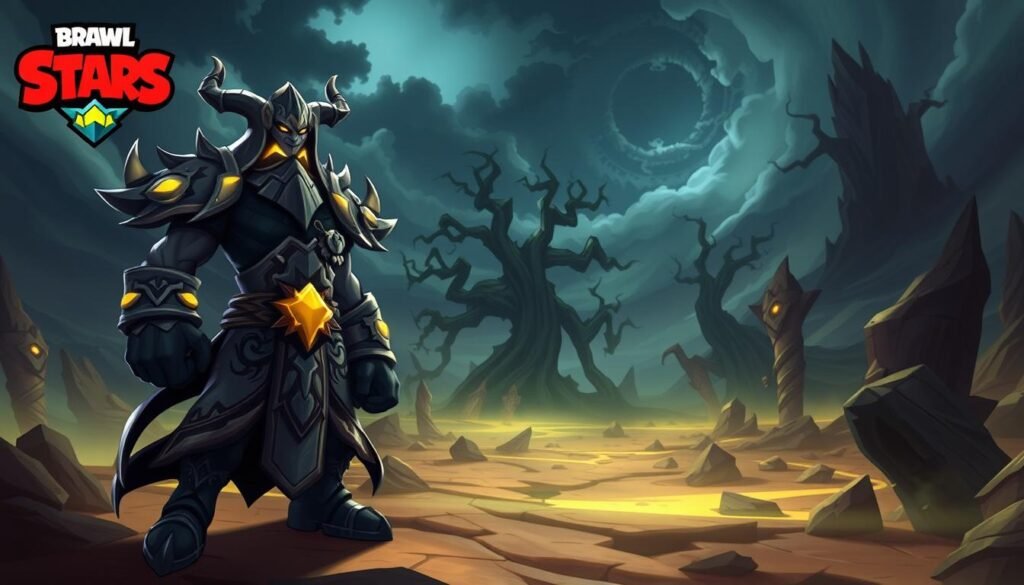Create an image showcasing the new legendary skin from Brawl Stars titled "Legends of the Underworld." In the foreground, depict a fierce brawler with an elaborate, dark-themed outfit featuring intricate patterns and glowing elements, conveying a mystical aura. Their stance should be dynamic and powerful, emphasizing their role in the game. In the middle ground, illustrate a dramatic battlefield with dim, eerie lighting accentuating shadows and highlights, while showcasing twisted trees and jagged rocks to enhance the mythical atmosphere. The background should feature a moody sky with swirling clouds, hinting at an impending storm. Capture a sense of thrill and adventure, showing vibrant colors that contrast with the dark theme, using a slightly angled perspective to create depth and intensity in the scene. Create an image showcasing the new legendary skin from Brawl Stars titled "Legends of the Underworld." In the foreground, depict a fierce brawler with an elaborate, dark-themed outfit featuring intricate patterns and glowing elements, conveying a mystical aura. Their stance should be dynamic and powerful, emphasizing their role in the game. In the middle ground, illustrate a dramatic battlefield with dim, eerie lighting accentuating shadows and highlights, while showcasing twisted trees and jagged rocks to enhance the mythical atmosphere. The background should feature a moody sky with swirling clouds, hinting at an impending storm. Capture a sense of thrill and adventure, showing vibrant colors that contrast with the dark theme, using a slightly angled perspective to create depth and intensity in the scene.