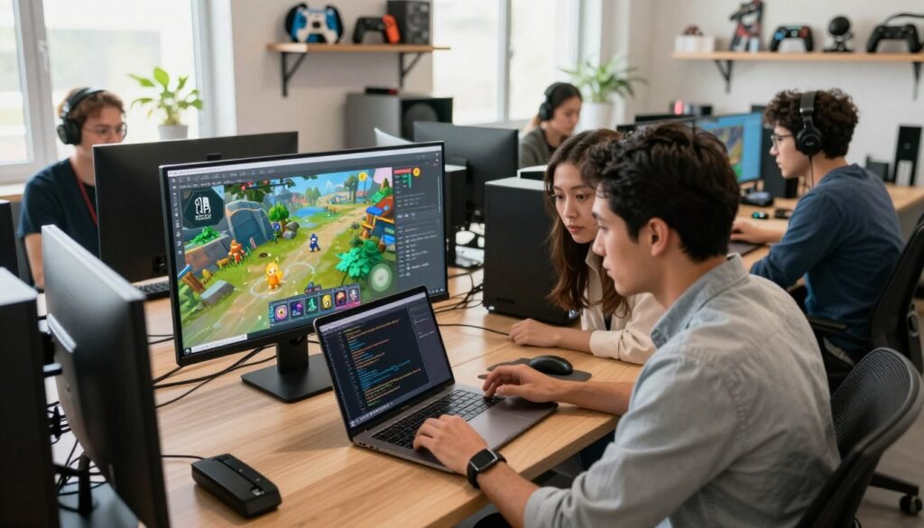A dynamic and professional workspace showing a diverse team of game developers engaged in the optimization process for porting a AAA video game to the Nintendo Switch. In the foreground, two developers, one male and one female, are intently discussing code displayed on a modern laptop, both dressed in smart casual attire. In the middle ground, a large monitor shows a vibrant digital game environment with assets being optimized. The background features shelves filled with gaming memorabilia and big bright windows letting in natural light, creating a warm ambiance. The angle is slightly from above, providing a comprehensive view of the collaborative atmosphere, evoking a sense of innovation and teamwork in the gaming industry.