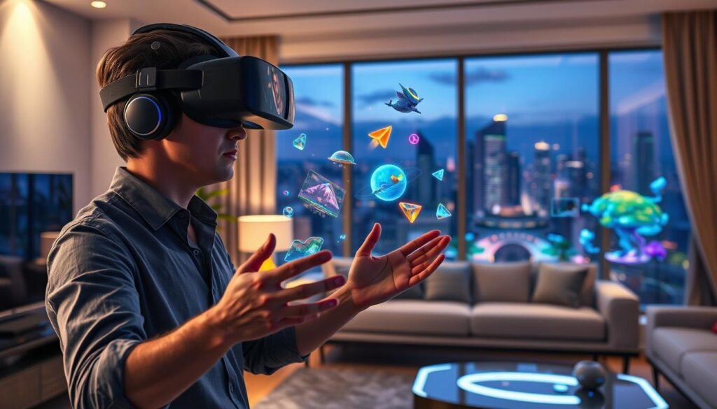 A futuristic mixed reality scene showcasing a user wearing a Meta Quest headset, fully immersed in an interactive digital environment. In the foreground, the user, dressed in smart casual attire, gestures with their hands as vibrant holographic elements appear around them—floating gaming icons and digital landscapes. The middle ground features a blend of real and virtual elements, such as a sleek living room setting merging seamlessly with animated game environments, including colorful textures and dynamic lighting effects. The background showcases a window revealing a futuristic cityscape bathed in twilight, providing a contrast of reality and fantasy. The overall atmosphere is energetic and engaging, emphasizing the excitement of the mixed reality experience with soft, ambient lighting that highlights the user and the digital content.
