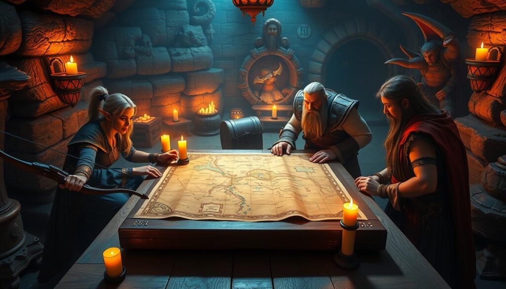 A vibrant and immersive scene set in a fantasy dungeon, featuring a diverse group of four adventurers engaged in a cooperative tabletop RPG session. In the foreground, a male elf with a bow, a female mage in elegant robes, a sturdy dwarf warrior, and a human healer examine a large, ornate map spread across a wooden table, candles flickering around them. The middle ground showcases detailed stone walls adorned with mystical runes, while treasure chests and glowing artifacts add to the atmosphere. In the background, dimly lit corridors hint at deeper exploration. The lighting is warm and inviting, casting soft shadows, while a subtle lens flare enhances the magical feel of the scene. Capture a mood of camaraderie and adventure, as they prepare for their next quest together.
